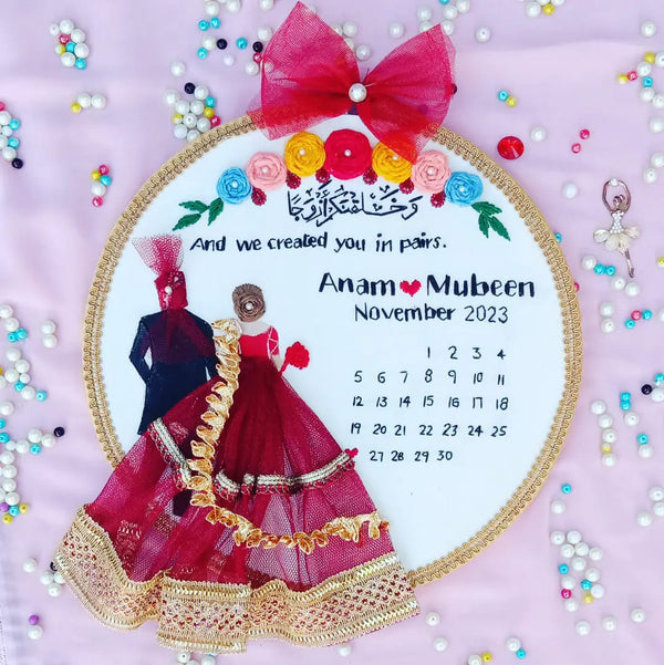 Handmade Hoop Embroidery Art titled "Created in Pairs: Anam & Mubeen Wedding Hoop Art" featuring a meaningful quote, names, and intricate floral embroidery, displayed in a hoop.