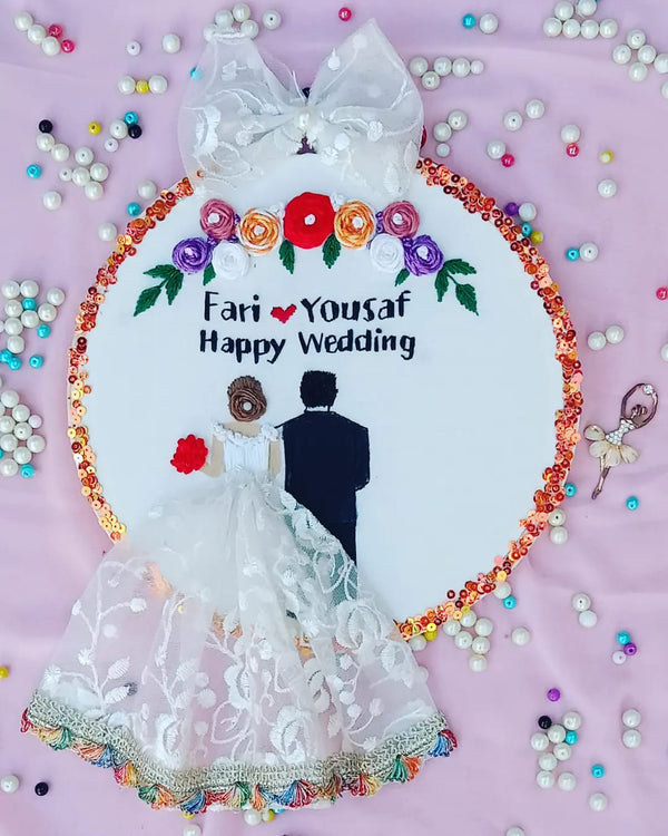 Handmade Hoop Embroidery Art titled "Forever Begins: Fari Yousaf Wedding Hoop Art" featuring heartfelt wedding messages and intricate floral embroidery, displayed in a hoop.