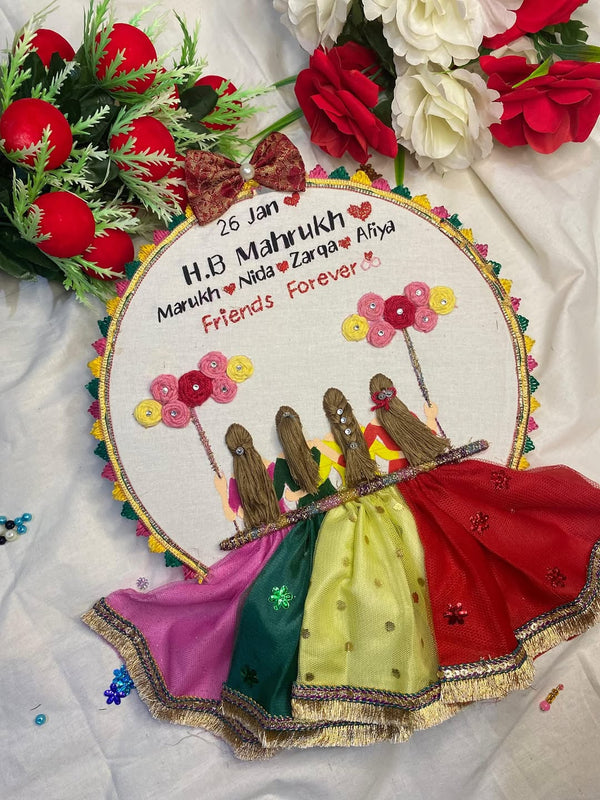 Handmade Hoop Embroidery Art titled "Friends Forever: Celebrating Mahrukh’s Special Day" featuring heartfelt messages and intricate friendship-themed embroidery, displayed in a hoop.