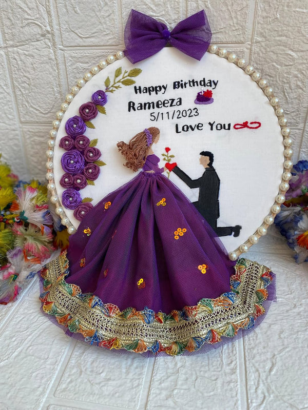 Handmade Hoop Embroidery Art titled "Happy Birthday Rameeza" featuring a warm birthday message and love-filled embroidery designs, displayed in a hoop.