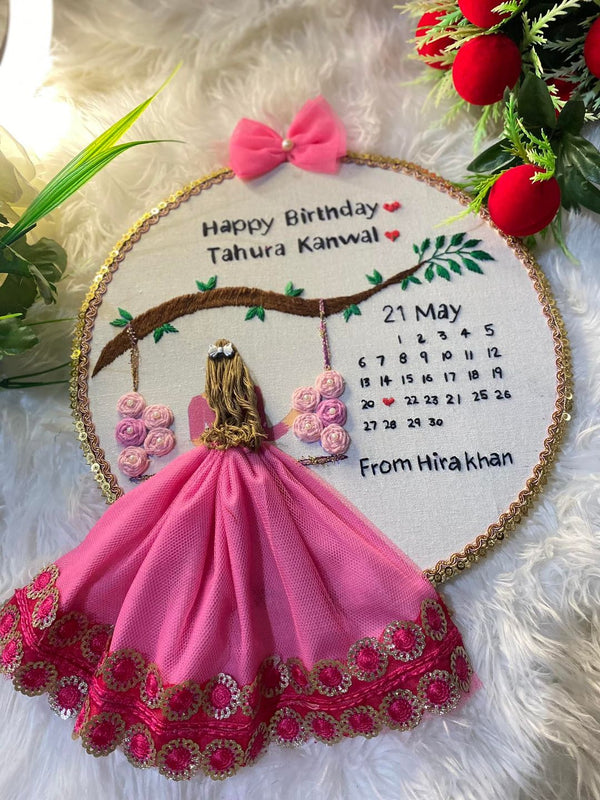Handmade Hoop Embroidery Art titled "Happy Birthday Tahura Kanwal: A Celebration of Love" featuring heartfelt messages and intricate floral embroidery, displayed in a hoop.