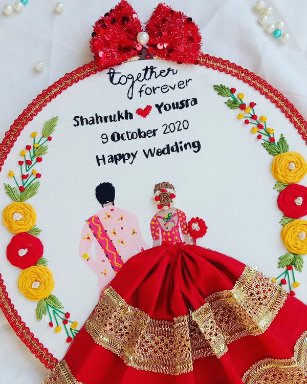 Handmade Hoop Embroidery Art titled "Together Forever: Shahrukh & Yousra Wedding Hoop Art"